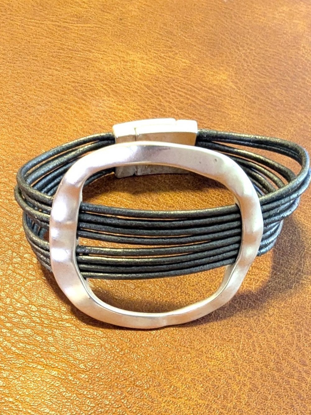 Chunky grey Leather Multi-Strand Bracelet with Silver Accent and magnet closing